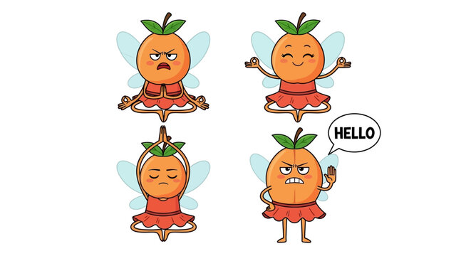 Cartoon orange characters with different emotions, hello greeting, funny fruit illustrations