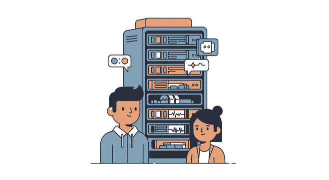 A server rack filled with glowing data modules storing old media