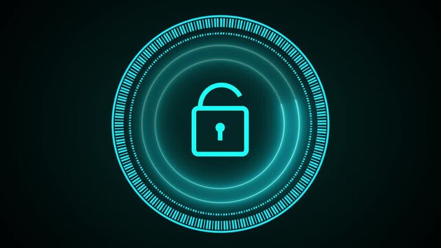 Glowing unlocked padlock icon in digital circle security. Access granted symbol for decrypted system entry. Digital padlock animation for security clearance.