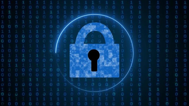 Blue textured lock icon on binary code background. Cybersecurity encryption symbol for digital information protection. Digital lock animation for data safety.