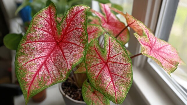 Close up of vibrant caladium plant with pink and red veined leaves