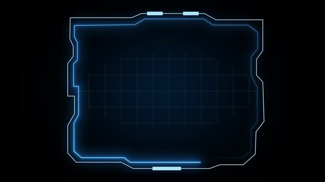 Futuristic blue HUD frame with grid on black. Technology frame symbol for digital interface layout design. Digital HUD frame animation for sci-fi display.