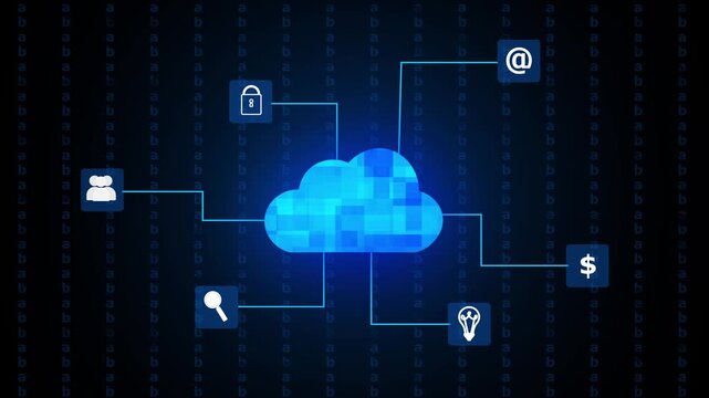 Digital cloud network with icons and data background. Cloud computing symbol for global server database storage. Digital cloud animation for internet web.