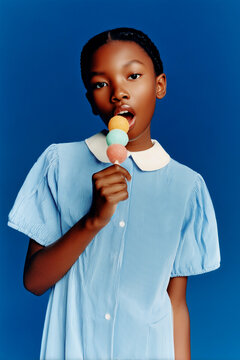 Black girl with braided hair and direct gaze eating a triple ball rainbow lollipop wearing a powder blue striped dress with white Peter Pan collar against a deep cobalt studio background