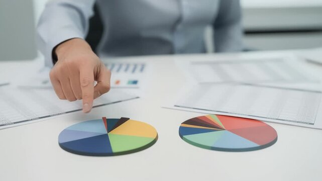 Closeup medium shot of a reinsurance analyst pointing to pie charts displaying lineofbusiness diversification with blurred spreadsheets in the background.