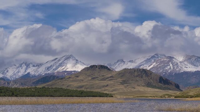 4K video, Timelapse of clouds moving of snow capped mountains in the Andes, Patagonia National Park Chile