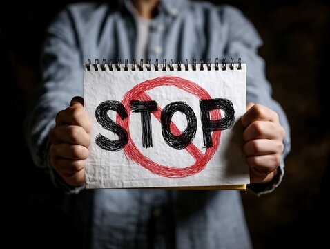ノートに手書きされたストップの文字と禁止マークを掲げて警告や中止を伝える男性のポーズ