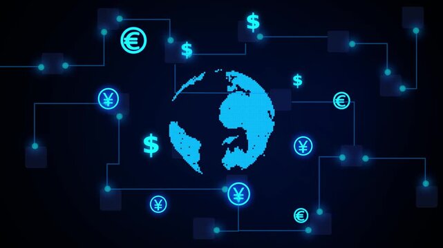 Digital globe connected by network with currency symbols. Global finance symbol for international online transaction. Digital globe animation for banking.