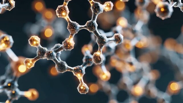 This shows close-up images of molecular structures with glowing particles, highlighting details and different angles in dark surroundings.