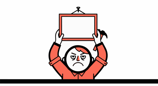 Frustrated cartoon character holding empty red frame above head.