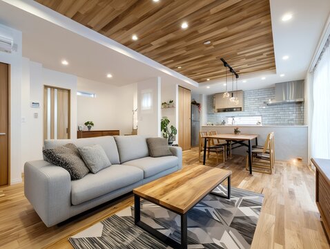 木目調の天井が広がるモダンなLDKとグレーのソファがあるおしゃれな注文住宅のリビング