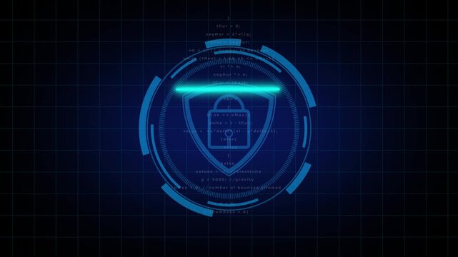 Futuristic HUD with security icon and code snippet. Cybersecurity encryption symbol for digital programming protection. Digital HUD animation for data safety.