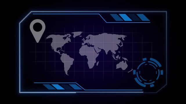 Futuristic world map interface with location pin marker. Global navigation symbol for international destination. Digital world map animation for tracking.