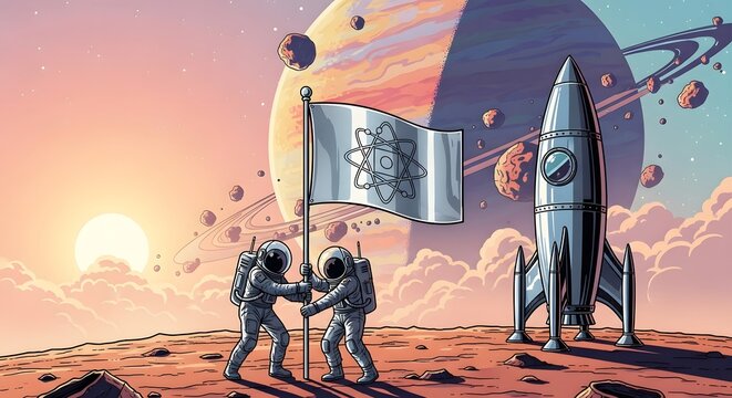 Two astronauts plant a scientific flag on a distant red planet, symbolizing the future of humanity's ambitious space exploration and cosmic discovery