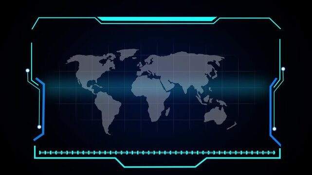 Futuristic digital interface with world map background. Global connection symbol for international information network. Digital world map animation for tech.