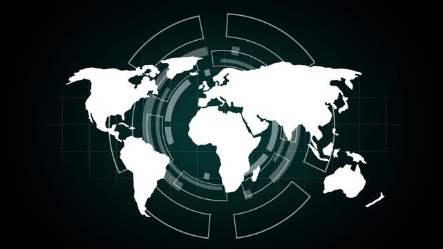White world map silhouette with digital overlay lines. Global network symbol for international data communication. Digital world map animation for tracking.
