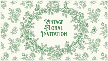Vintage Toile art Vector floral background flowering frame green beige. Illustration for design greeting card, wedding decor, invitation flowers leaves butterflies Hand drawn engraved elements © bow