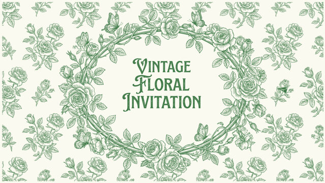 Vintage Toile art Vector floral background flowering frame green beige. Illustration for design greeting card, wedding decor, invitation flowers leaves butterflies Hand drawn engraved elements