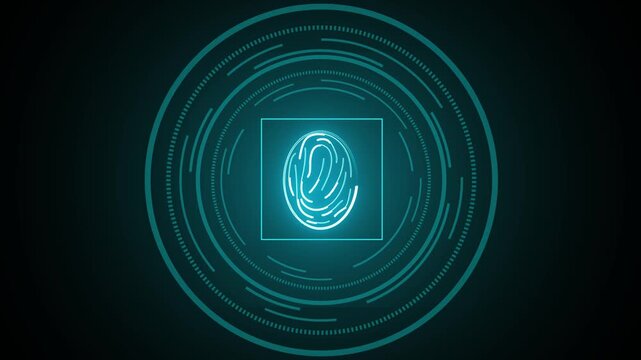 Fingerprint scan with futuristic circular interface layout. Biometric identification symbol for account security. Digital fingerprint animation for safety.