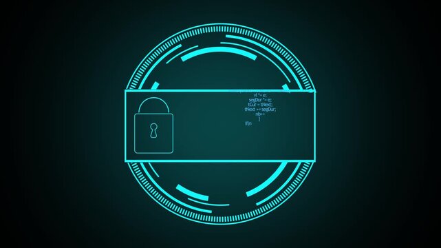 Digital security lock with code and futuristic HUD. Cybersecurity encryption symbol for database access clearance. Digital lock animation for data safety.