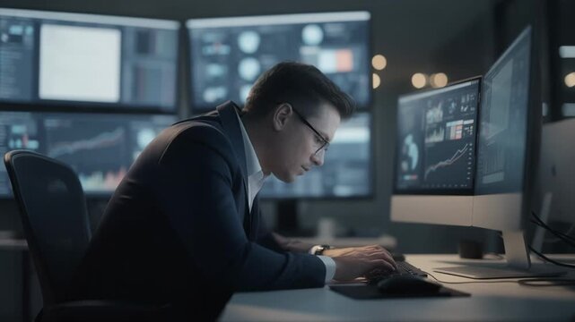 Focused medium shot of a financial analyst studying a scenario dashboard highlighting stress testing metrics while background screens remain softly blurred.