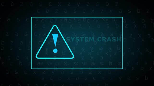 System crash warning with exclamation mark on screen. Cyber error symbol for digital computer failure alert. Digital warning animation for system disaster.