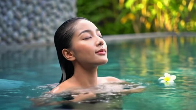 Young woman, closed eyes, shoulders above pristine blue spa water, golden hour. Blurred tropical foliage, plumeria flower. Tranquil face. Concept of luxurious self-care, relaxation