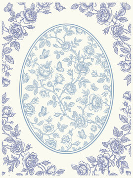 Toile art Vector vintage floral background, flowering frame . Roses flowers and butterflies engraved elements. Hand drawn illustration for design greeting card, wedding decor, invitation