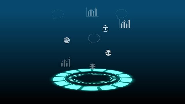 Futuristic interface with globe locks and chart icons. Digital communication symbol for business information network. Digital interface animation for tech.