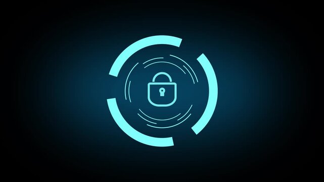 Cyan lock icon within circular digital interface shield. Cybersecurity protection symbol for encrypted account safety. Digital lock animation for data privacy.