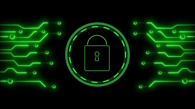 Green circuit board lines with glowing lock icon. Cybersecurity hardware symbol for digital encryption privacy. Digital lock animation for computer safety.