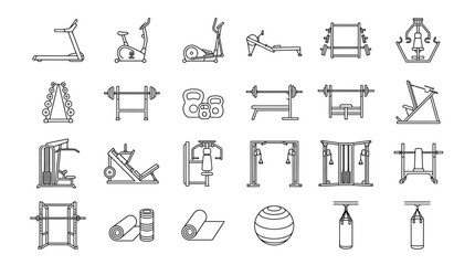 Various Gym Equipment Icons Line Style. © Uli