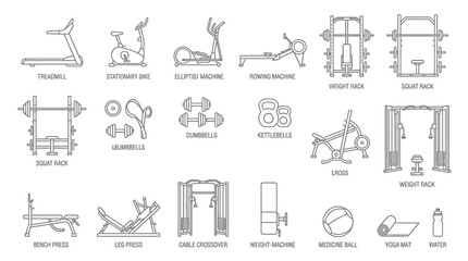 Various gym equipment icons line art. © Uli