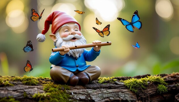 Whimsical garden gnome playing flute surrounded by colorful butterflies in lush spring forest with magical sunlight and blooming nature