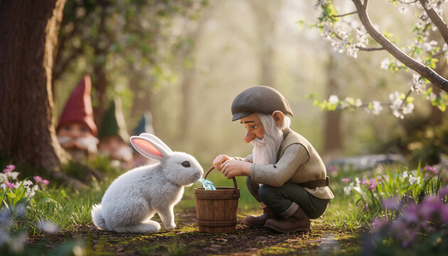 Whimsical gnome gardener offering fresh water to a fluffy white rabbit in a lush spring forest garden with blooming flowers and magical fairy tale...