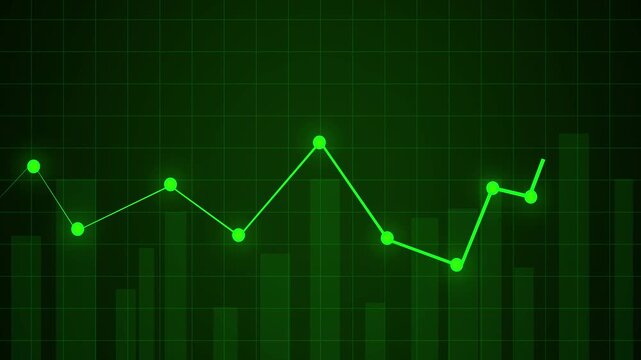 Green line graph and bar chart on grid background. Business success symbol for financial corporate analytics. Digital line graph animation for data report.