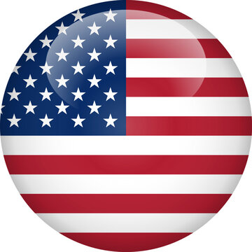 Glossy 3D USA Flag Circle Button. Realistic Glossy Convex USA Flag Vector Badge