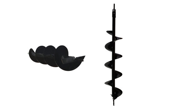 The image shows a steel auger drill bit, a tool for digging holes for planting trees and installing fence posts. It is strong and durable with a spiral design. (PNG file with transparent background)