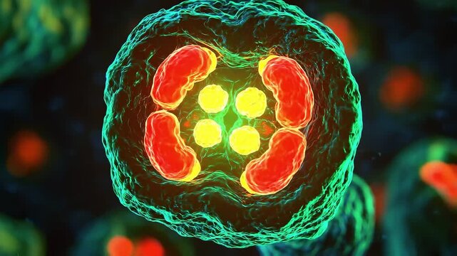 Medical video of human stem cells under microscopy, glowing green protein markers visible as the cells divide on a dark scientific background.