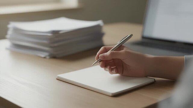 Closeup of a mediators hand writing notes at a private desk with soft focus on blurred documents and a laptop in the background.