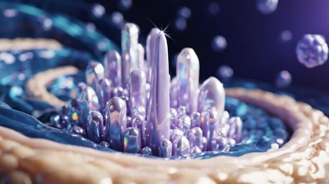 Cinematic 3D Render of the Inner Ear Cochlea with Stylized Crystalline Sensory Hair Cells and Endolymph Fluid in Abstract Medical Animation