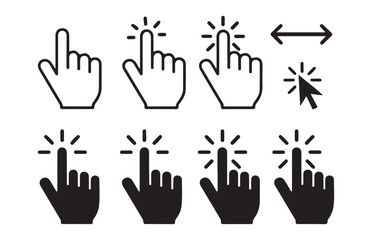 Fototapeta premium Outline and solid hand cursor icons with pointer and double arrow line black white.
