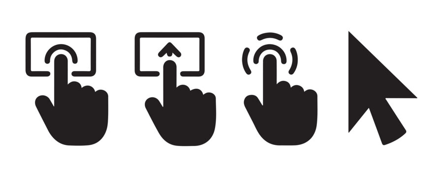 Set of black hand gesture icons and cursor for computer or mobile device screen interaction design.