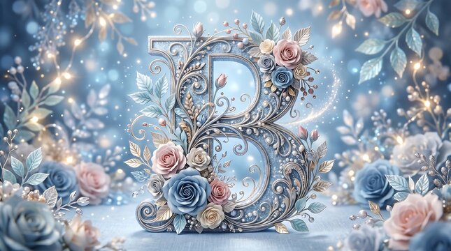 Beautiful floral letter b with roses and leaves on blue background