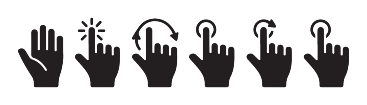 Interactive touch screen gestures set showing tap scroll and rotation hand movements for devices.