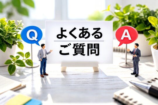 よくあるご質問と書かれたボードを案内するミニチュアのビジネスマンとQ&Aのアイコン