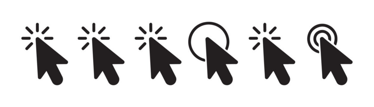 Various cursor icons with click and highlight effects, representing mouse clicks and interactive actions.