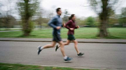 Obraz premium Blurred pair of runners training outdoors, strong motion blur concept for speed, partnership, wellness and active sports competition