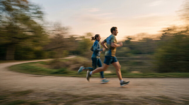 Blurred pair of runners training outdoors, strong motion blur concept for speed, partnership, wellness and active sports competition