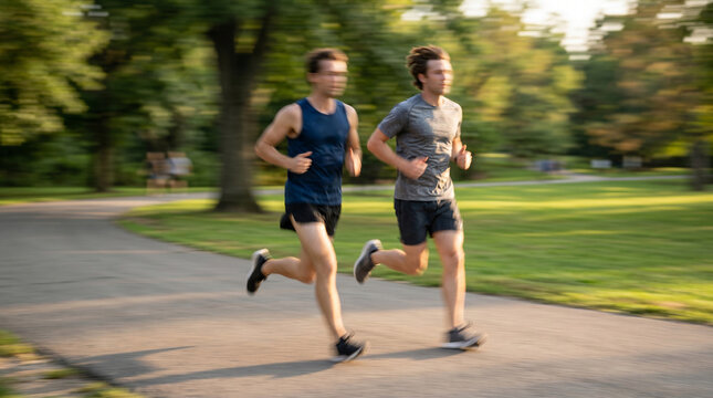 Blurred pair of runners training outdoors, strong motion blur concept for speed, partnership, wellness and active sports competition